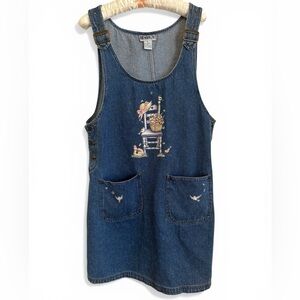 Vintage Denim Jean Midi Overall Chore‎ Dress Women's LARGE Cottage Prairie Birds